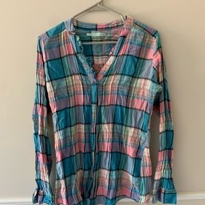 Pastel Ruffle Button Down Plaid Top